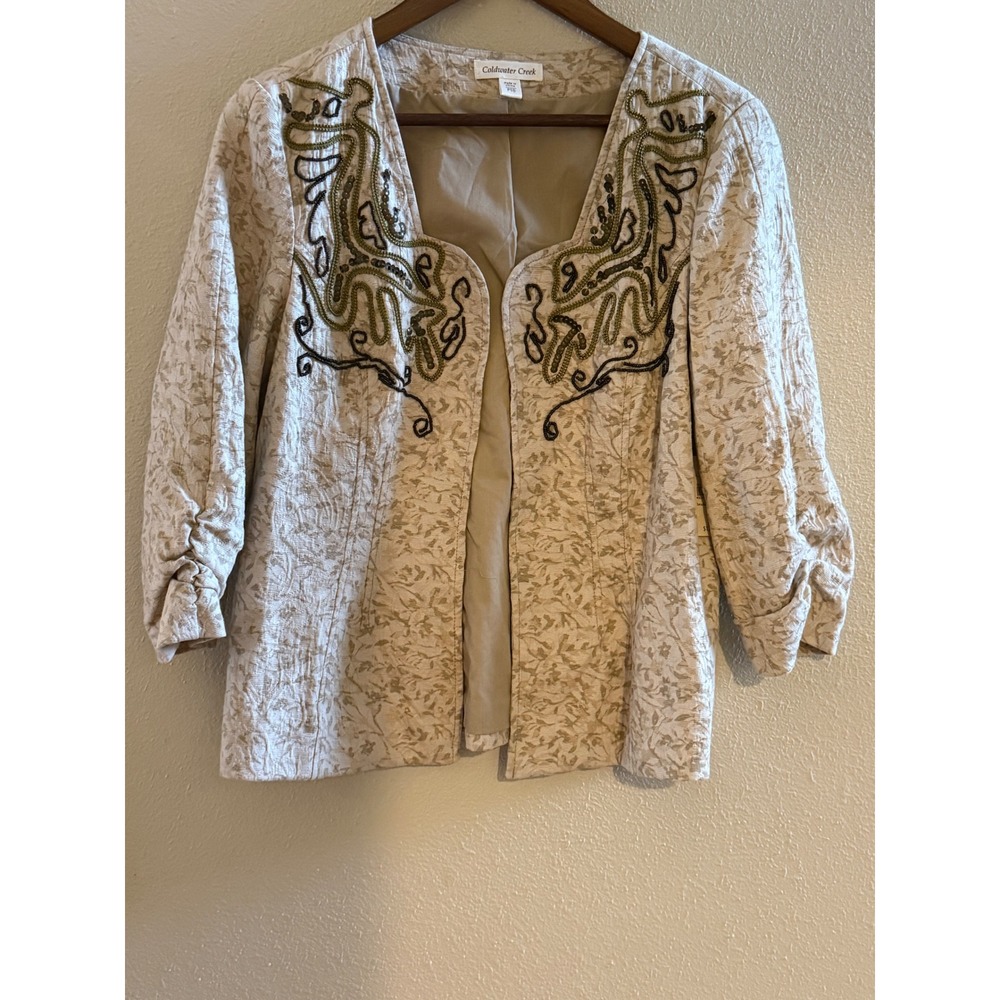 Coldwater Creek NWT Beaded Scroll Jacket Tan Jacquard Open Front Petite 10